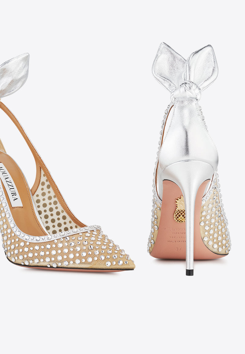 Aquazzura Bow Tie Crystal 105 Tulle Pumps DCTHIGP0-NPU-CCC Silver
