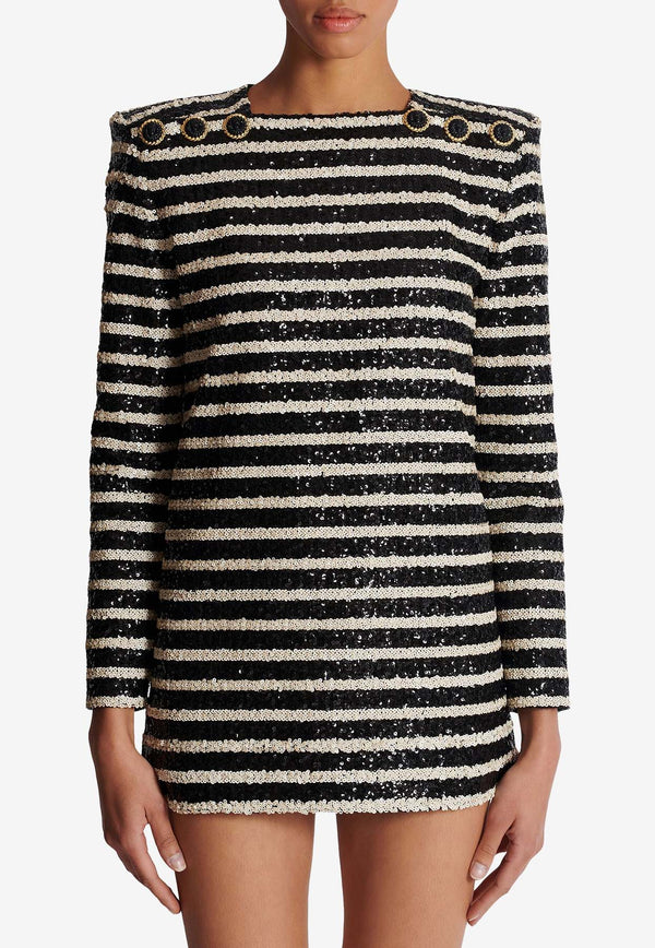 Balmain Sequined Stripe Mini Dress Monochrome DF1R9181XJ31WHITE/BLACK