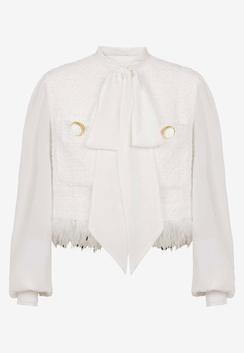 Balmain Feather-Trimmed Tweed Jacket White DF1SD210MF18WHITE