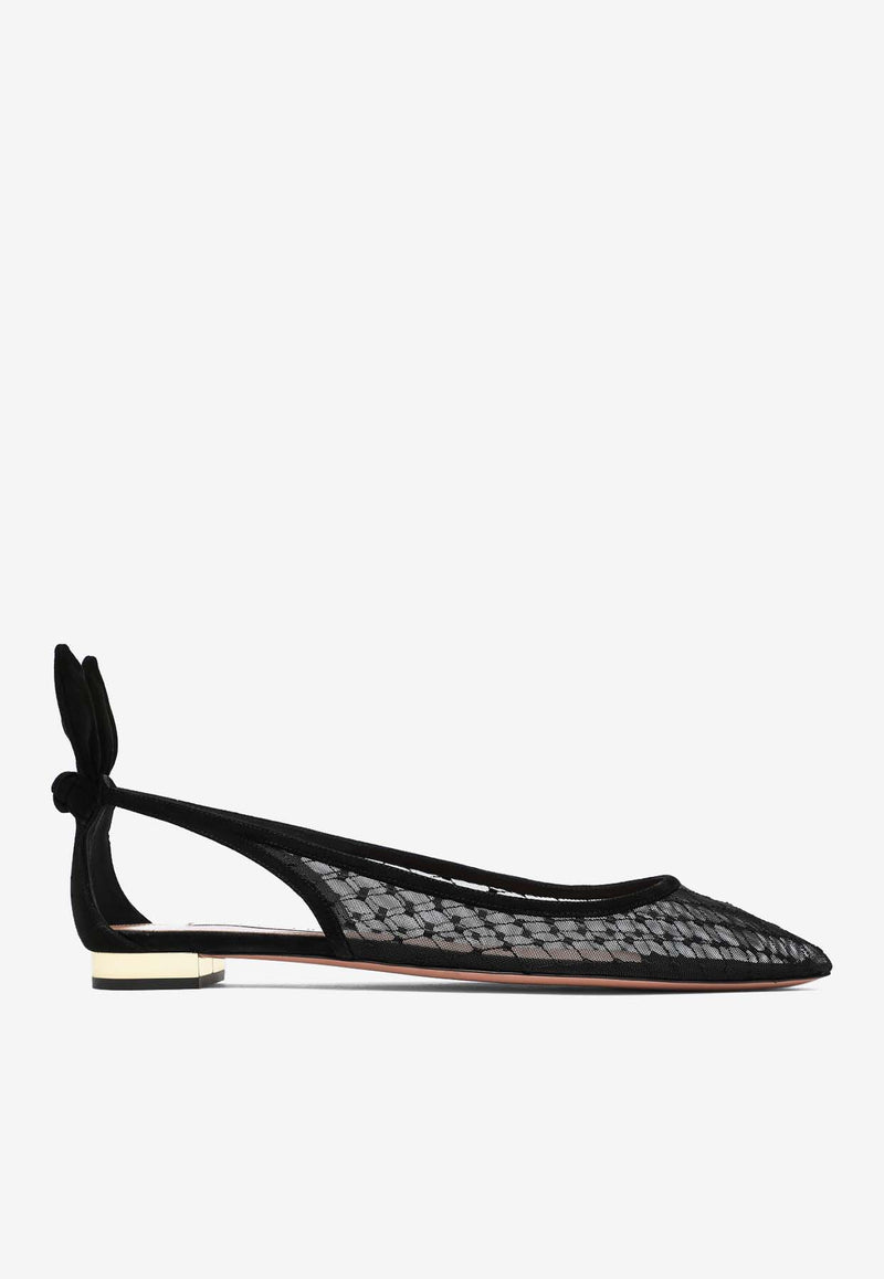 Aquazzura Bow Tie Pointed-Toe Mesh Flats Black DNNFLAA0FMS/R_AQUA-000