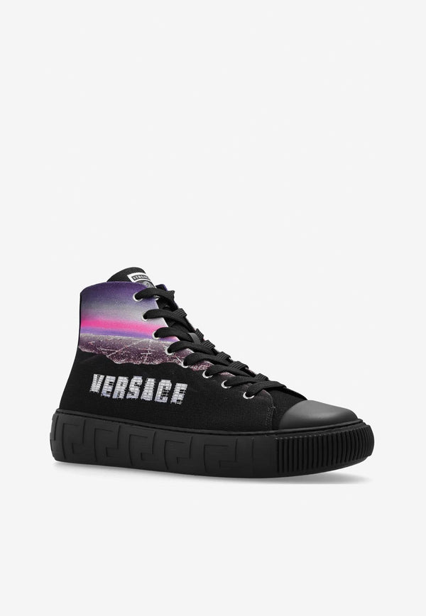 Versace Greca Hills Print High-Top Sneakers Black DSU8403 1A08927 5X02P