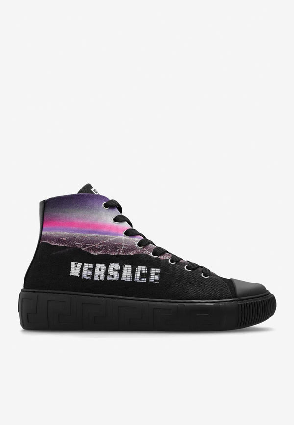 Versace Greca Hills Print High-Top Sneakers Black DSU8403 1A08927 5X02P