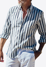 Les Canebiers Divin Button-Up Stripe Shirt in Linen Navy