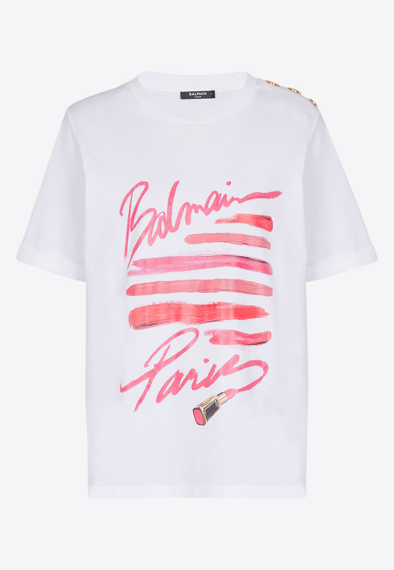 Balmain Lipstick Print Logo T-shirt White EF0EF135GE91_WHITE