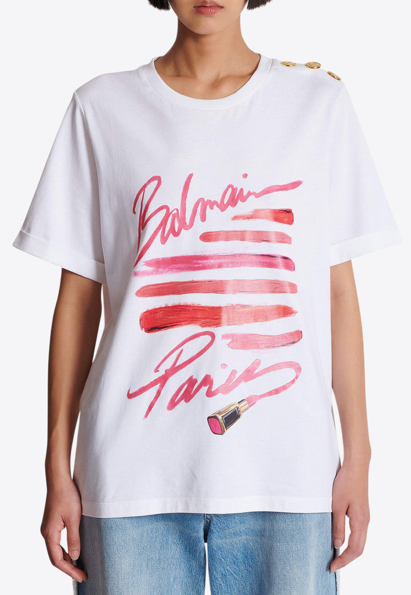 Balmain Lipstick Print Logo T-shirt White EF0EF135GE91_WHITE