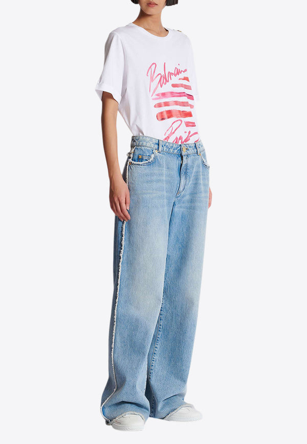 Balmain Crystal Logo Patch Straight Jeans Denim EF0MI050DF75_DENIM