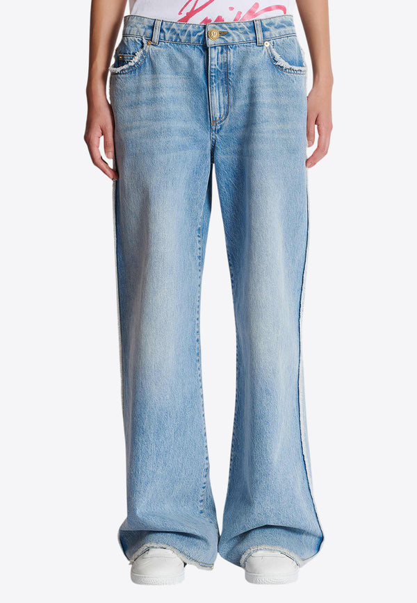 Balmain Crystal Logo Patch Straight Jeans Denim EF0MI050DF75_DENIM