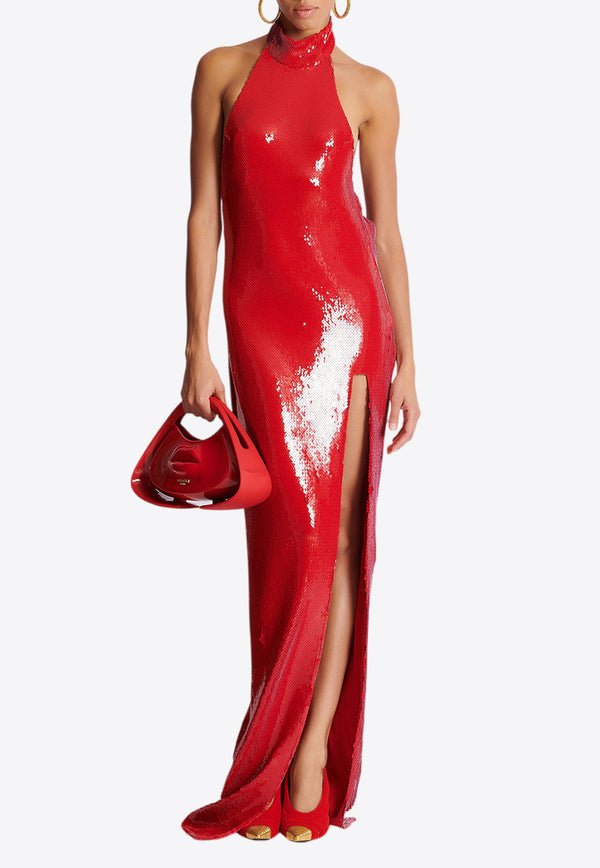 Balmain Halterneck Sequined Gown Red EF0RP148XK97_RED