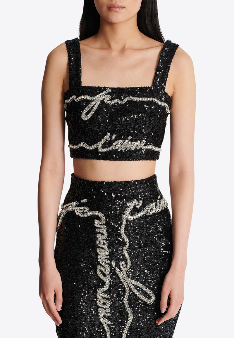 Balmain Love Letter Embroidery Cropped Top Black EF1AA385PC70_BLACK