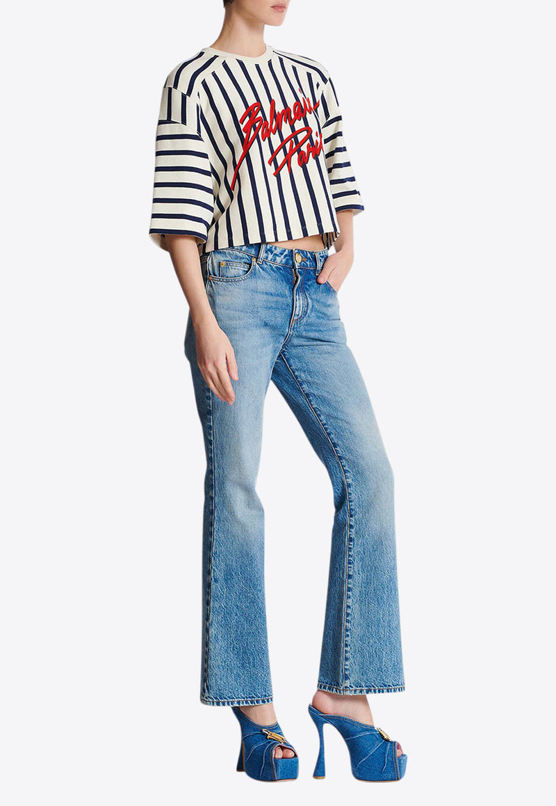 Balmain Striped Cropped Baseball T-shirt White EF1EE080BC95_MULTI COLO