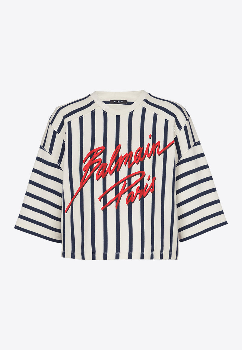 Balmain Striped Cropped Baseball T-shirt White EF1EE080BC95_MULTI COLO