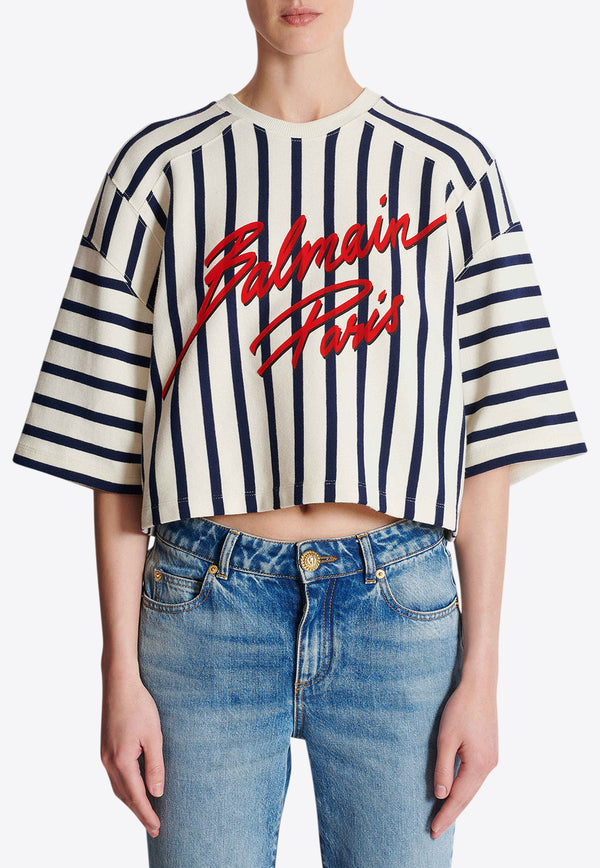 Balmain Striped Cropped Baseball T-shirt White EF1EE080BC95_MULTI COLO
