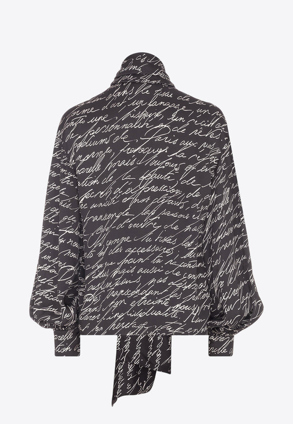 Balmain Love Letter Print Silk Blouse with Bow Black EF1HT020VH61_BLACK WHIT