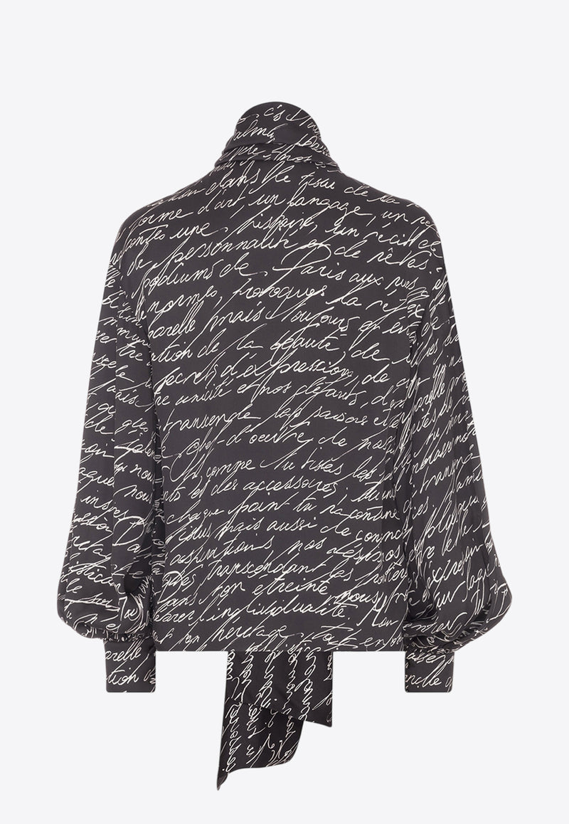 Balmain Love Letter Print Silk Blouse with Bow Black EF1HT020VH61_BLACK WHIT