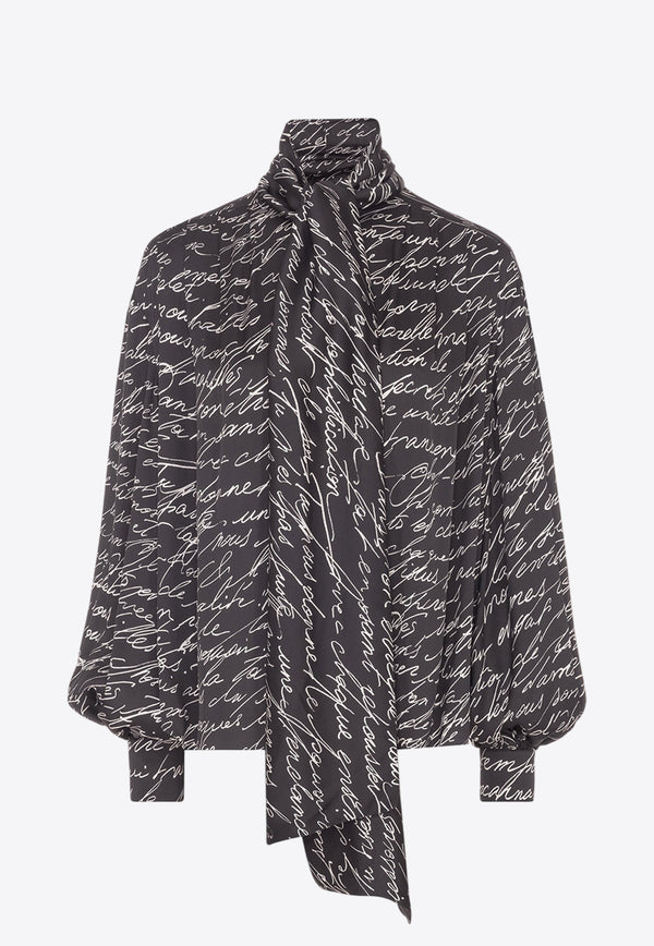 Balmain Love Letter Print Silk Blouse with Bow Black EF1HT020VH61_BLACK WHIT