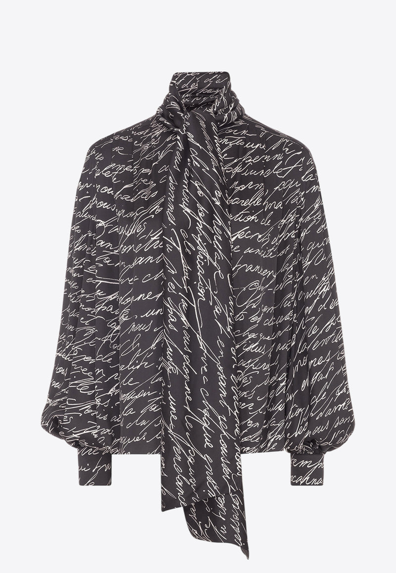 Balmain Love Letter Print Silk Blouse with Bow Black EF1HT020VH61_BLACK WHIT
