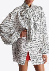 Balmain Love Letter Print Silk Blouse with Bow White EF1HT020VH61_WHITE MULT