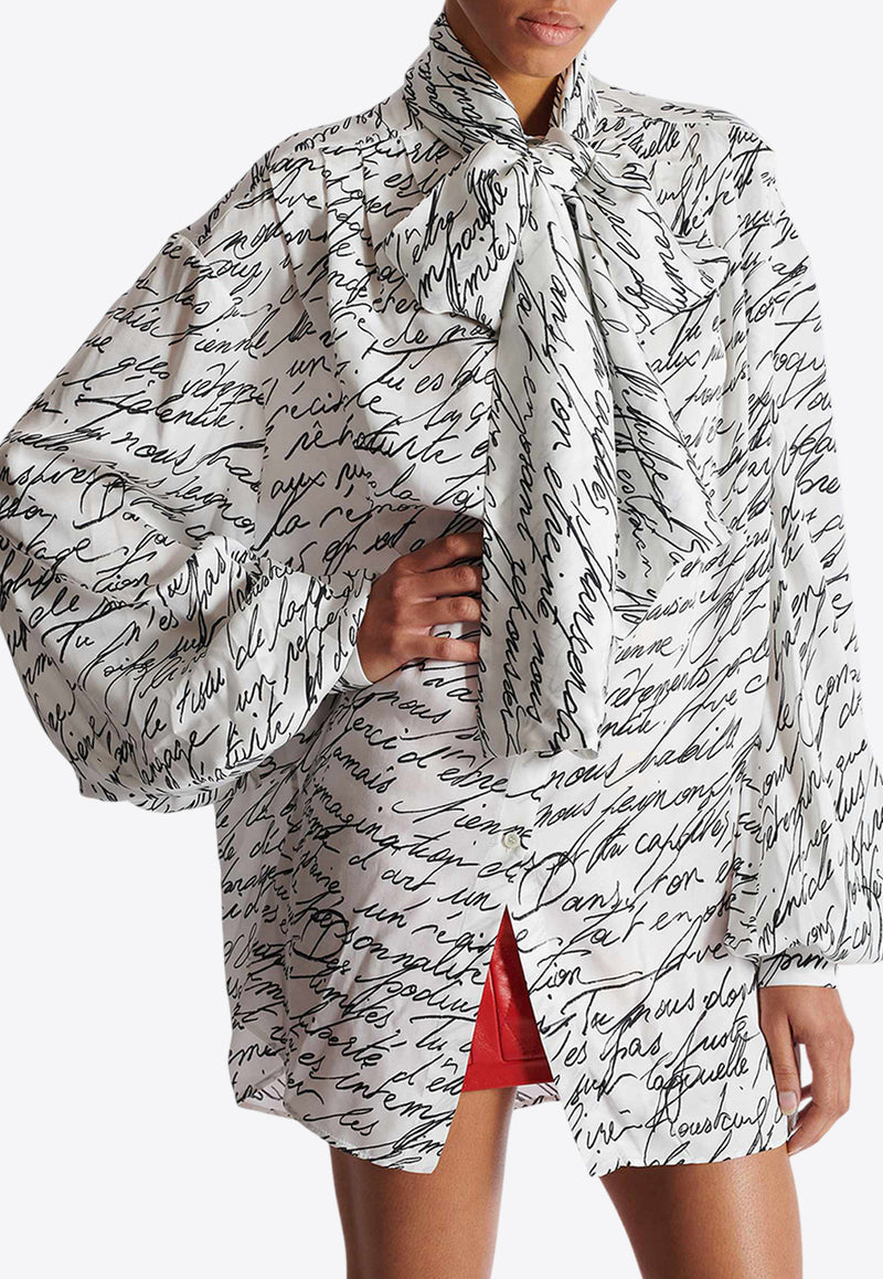 Balmain Love Letter Print Silk Blouse with Bow White EF1HT020VH61_WHITE MULT