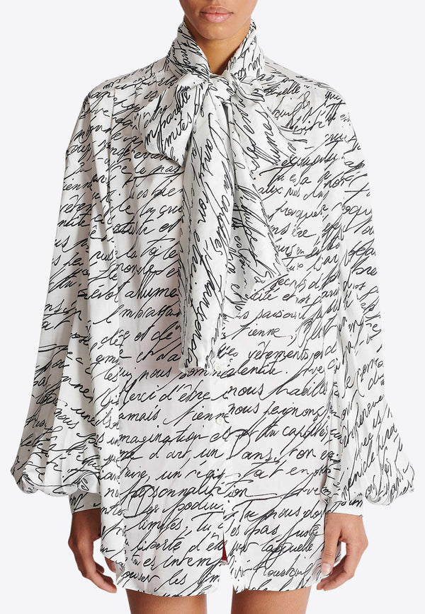 Balmain Love Letter Print Silk Blouse with Bow White EF1HT020VH61_WHITE MULT