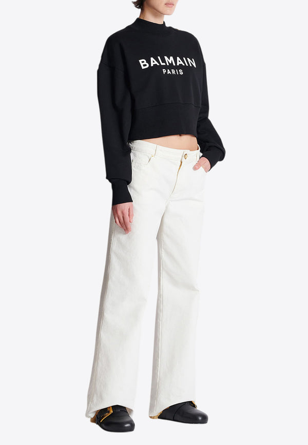 Balmain Logo Print Cropped Sweatshirt Black EF1JQ002BB02_BLACK WHIT