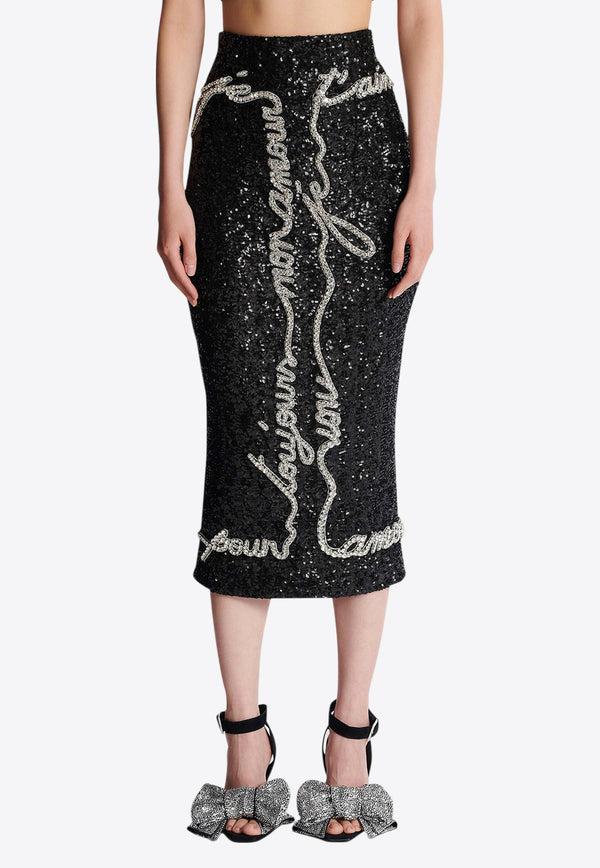 Balmain Love Letter Sequined Midi Skirt Black EF1LD480PC70_BLACK