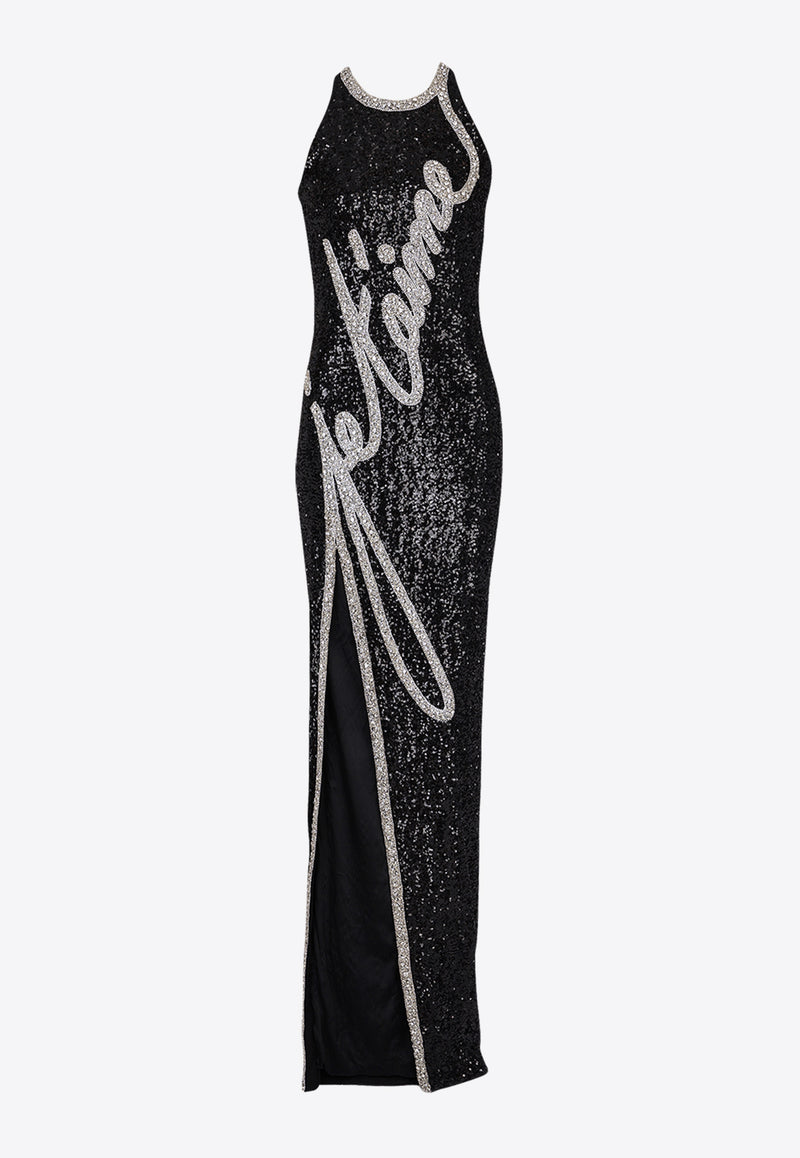 Balmain Love Letter Embroidered Sequined Gown Black EF1RO140PC70_BLACK WHIT