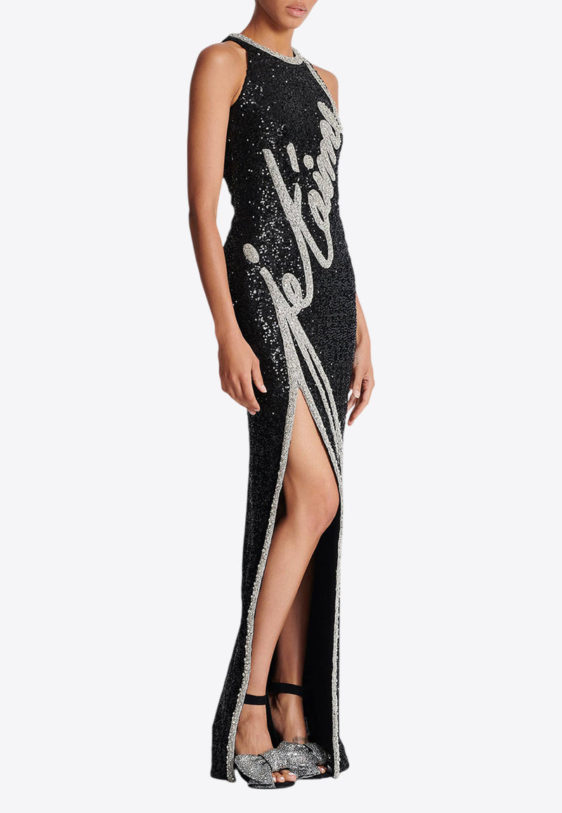 Balmain Love Letter Embroidered Sequined Gown Black EF1RO140PC70_BLACK WHIT