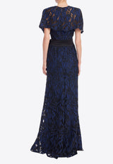 BADGLEY MISCHKA Lace Overlay Capelet A-Line Gown Navy EG4637_NAVY MULTI