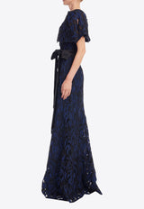 BADGLEY MISCHKA Lace Overlay Capelet A-Line Gown Navy EG4637_NAVY MULTI