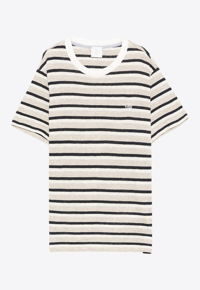 Eleventy Kids Boys Logo Embroidered Striped T-shirt Beige EW8P61-J0487_STRIPES