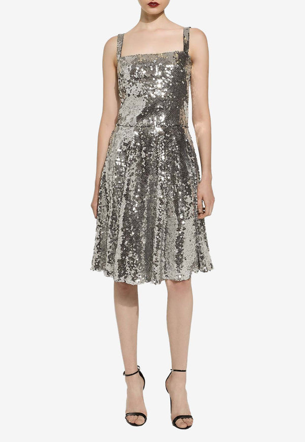 Dolce & Gabbana Sequined Flared Midi Skirt F4BBBT FLSEP S0990 Silver