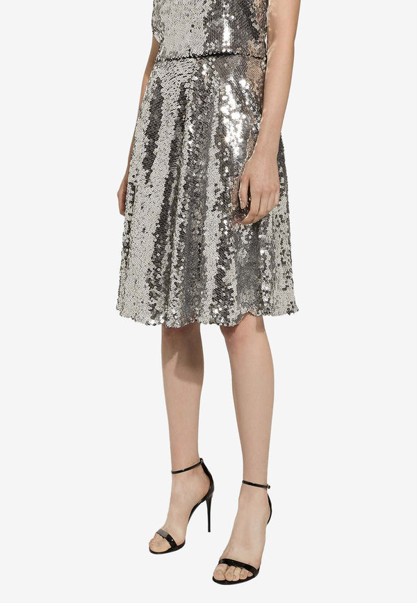Dolce & Gabbana Sequined Flared Midi Skirt F4BBBT FLSEP S0990 Silver