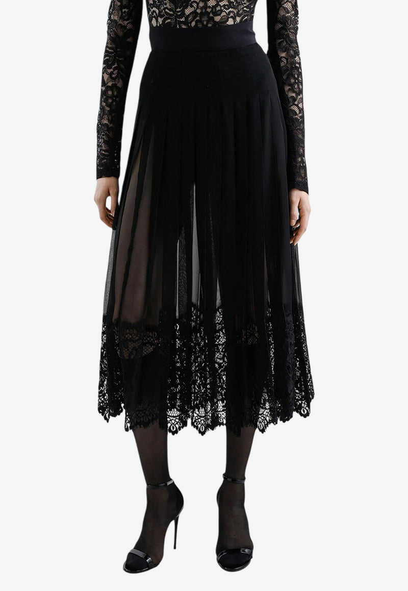 Dolce & Gabbana Pleated Georgette Midi Skirt with Lace Trims Black F4BFTT FUSNW N0000