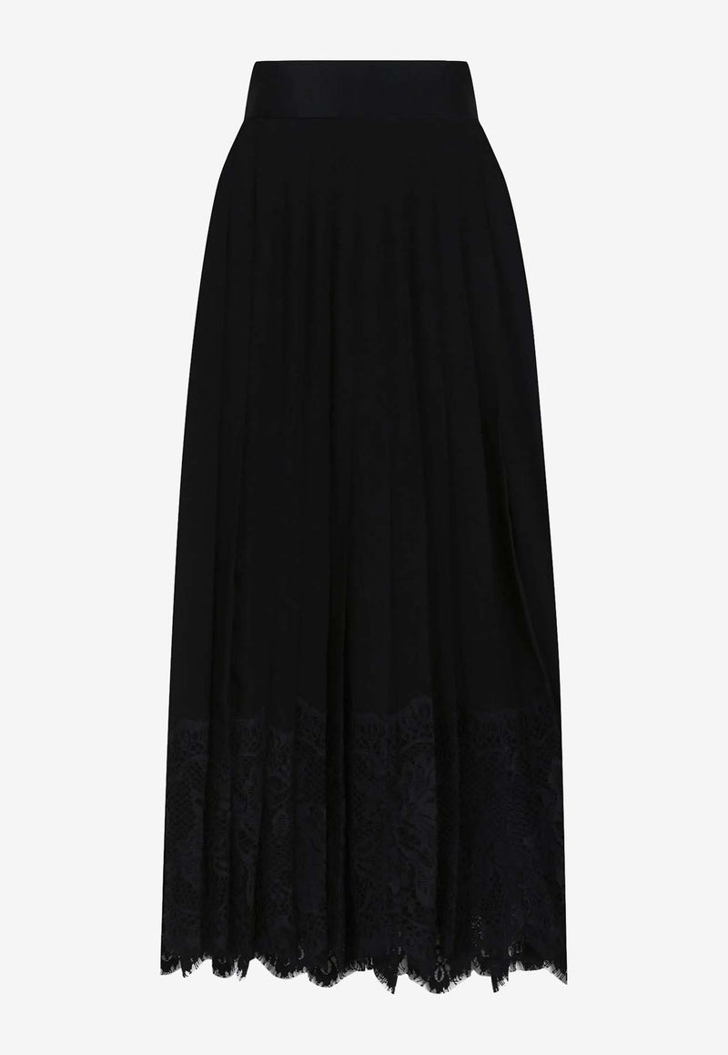 Dolce & Gabbana Pleated Georgette Midi Skirt with Lace Trims Black F4BFTT FUSNW N0000