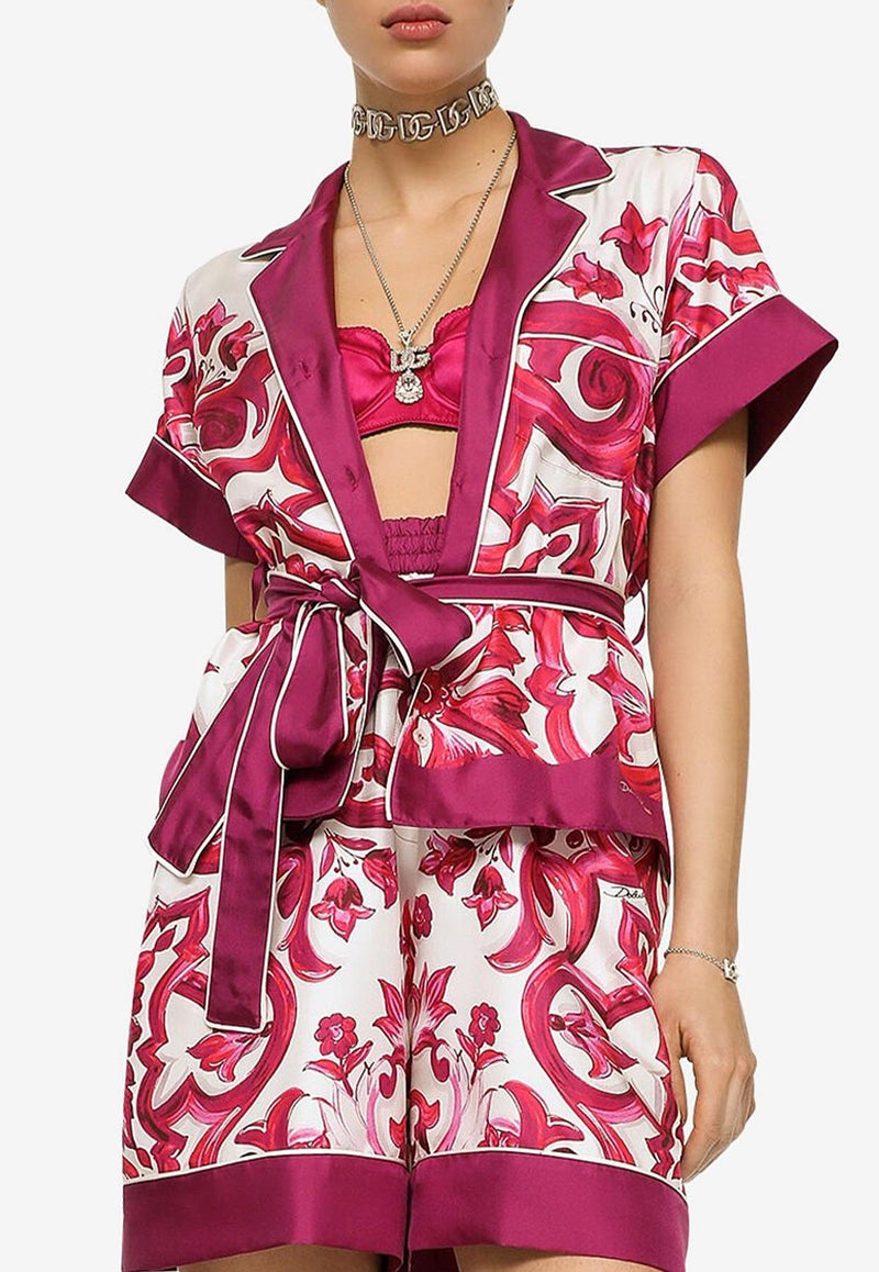 Dolce & Gabbana Majolica Print Silk Twill Belted Shirt Multicolor F5G67T HI1BF HE3TN