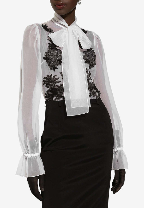 Dolce & Gabbana Pussy-Bow Silk-Blend Shirt F5L23T GDB8Q W0111 White