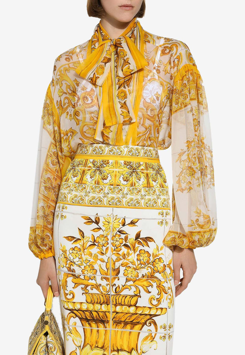 Dolce & Gabbana Majolica Print Chiffon Bow Shirt F5P73T HI1L9 HG3TN Yellow