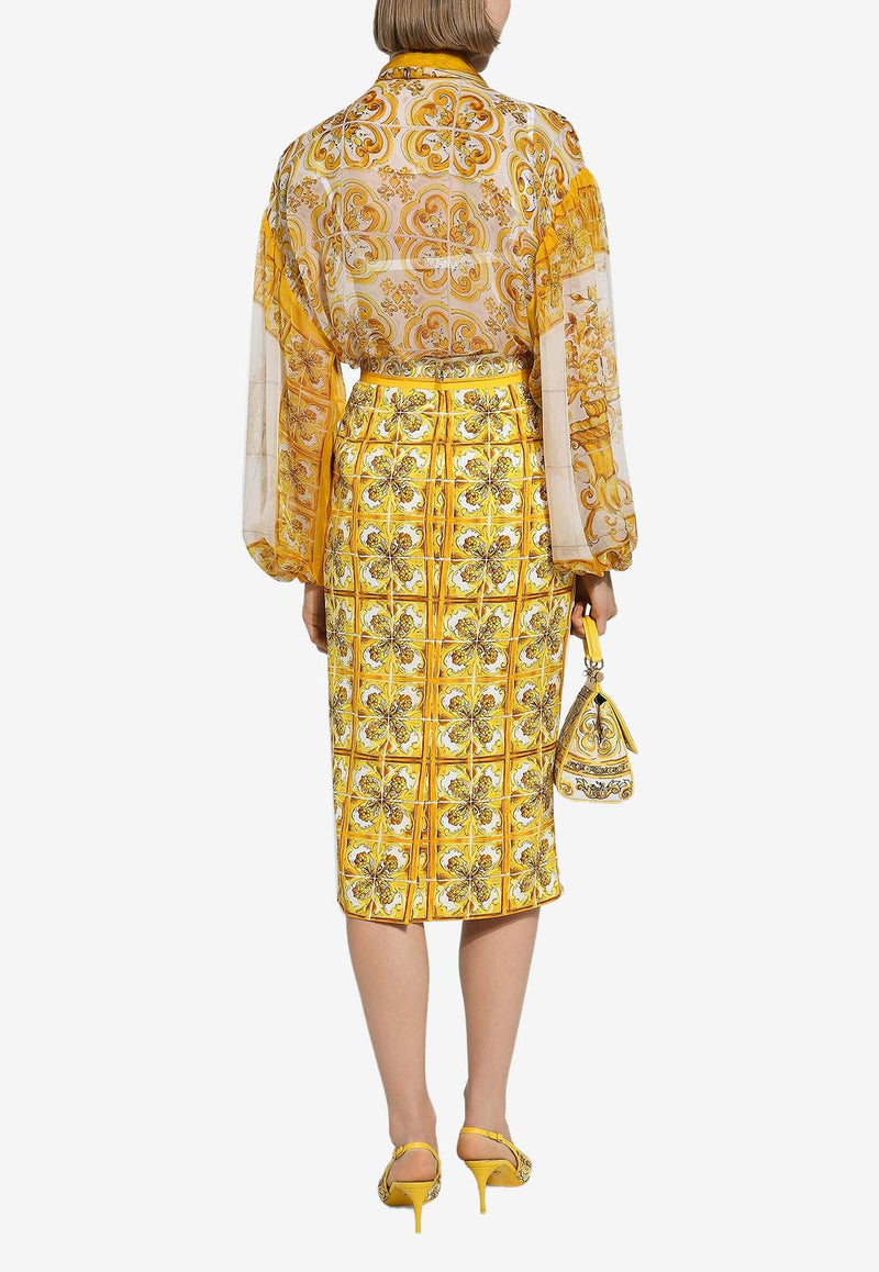 Dolce & Gabbana Majolica Print Chiffon Bow Shirt F5P73T HI1L9 HG3TN Yellow