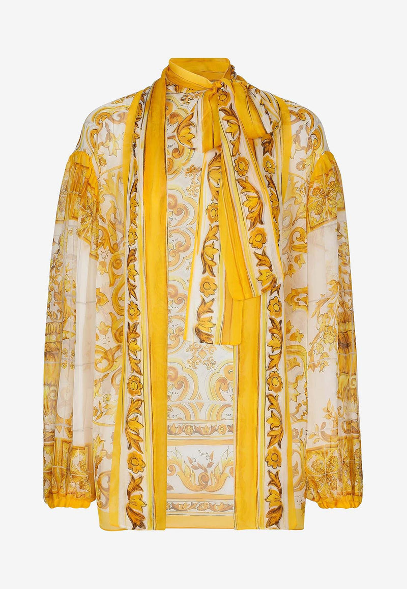 Dolce & Gabbana Majolica Print Chiffon Bow Shirt F5P73T HI1L9 HG3TN Yellow