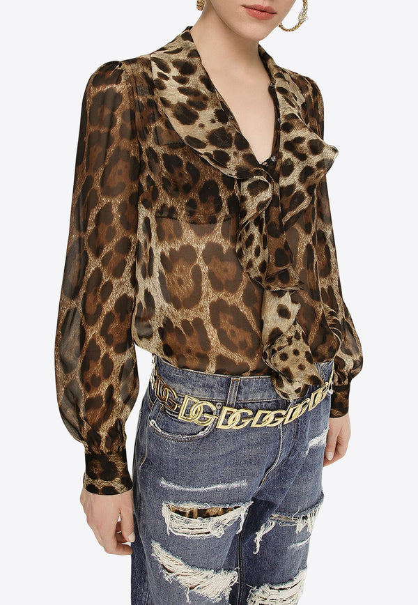Dolce & Gabbana Leopard Print Ruffled Silk Blouse Brown F5R16T IS1MN HY13M