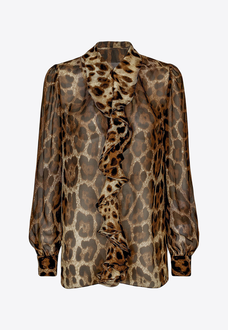 Dolce & Gabbana Leopard Print Ruffled Silk Blouse Brown F5R16T IS1MN HY13M