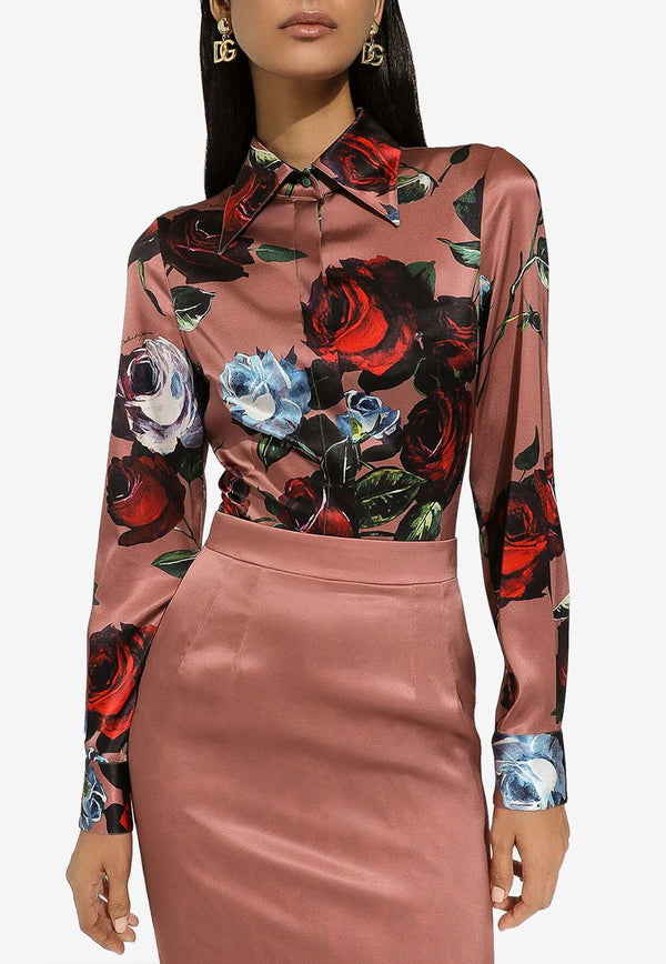 Tops Vintage Rose Print Silk Shirt F5R63T FSA6E H54YI