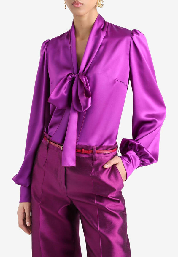Dolce & Gabbana Satin Shirt with Front-Bow Purple F5T17T FU1AU R0718