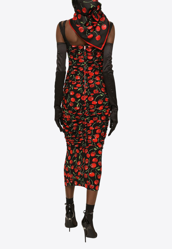 Dolce & Gabbana Cherry Print Draped Midi Dress Black F6ABLT FSG54 HN4IY