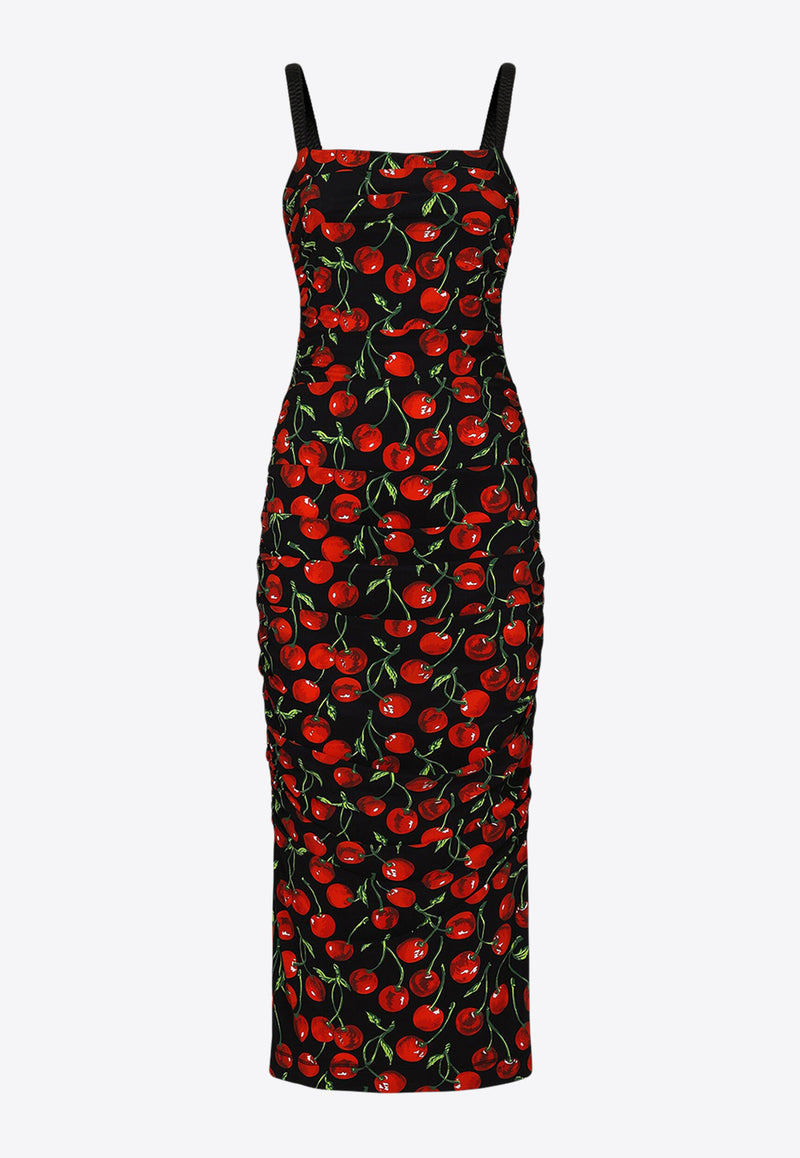Dolce & Gabbana Cherry Print Draped Midi Dress Black F6ABLT FSG54 HN4IY