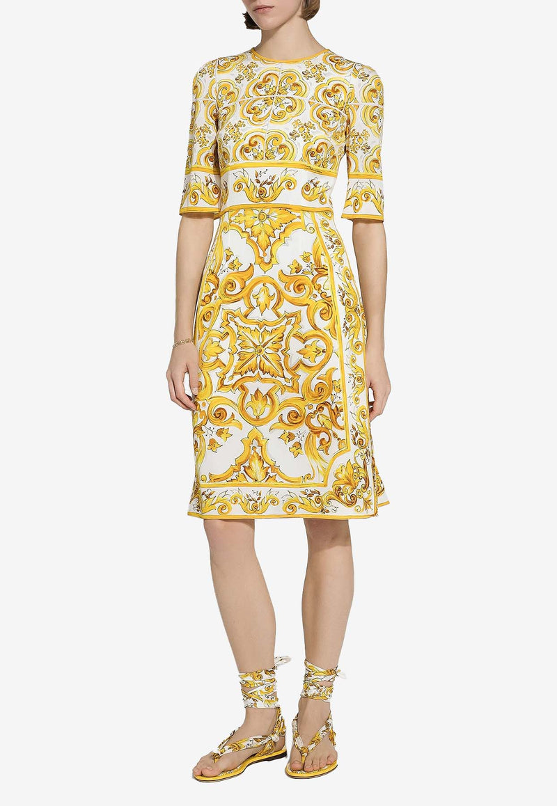 Dolce & Gabbana Majolica Print Silk Knee-Length Dress F6ADST HPABL HG3TN Yellow