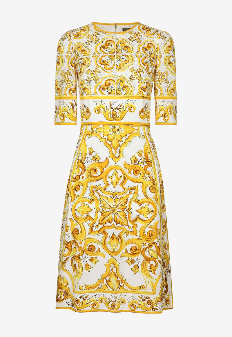 Dolce & Gabbana Majolica Print Silk Knee-Length Dress F6ADST HPABL HG3TN Yellow