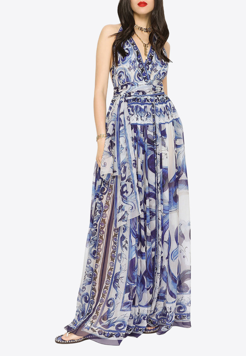 Dolce & Gabbana Majolica Print Chiffon Maxi Dress Blue F6ALPT HI1BX HA3TN