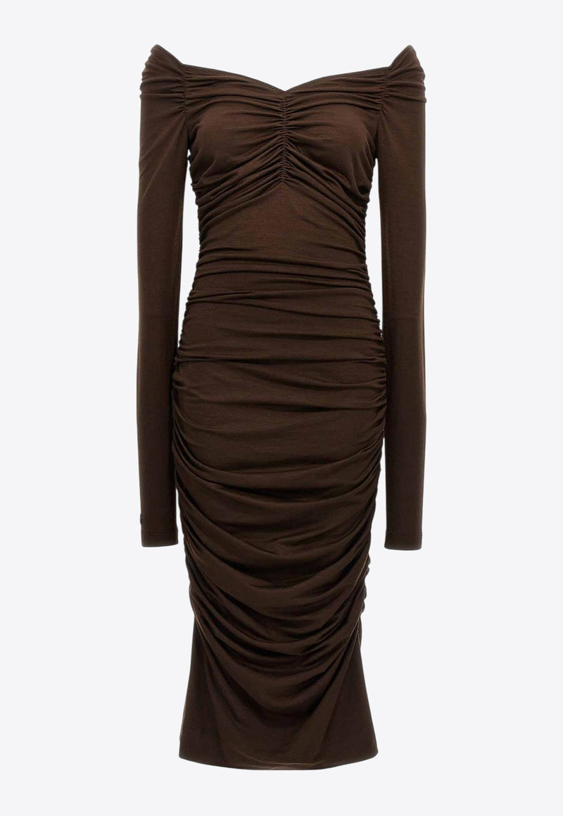 Dolce & Gabbana Off-Shoulder Midi Ruched Dress Brown F6COMT FUGRH M1512