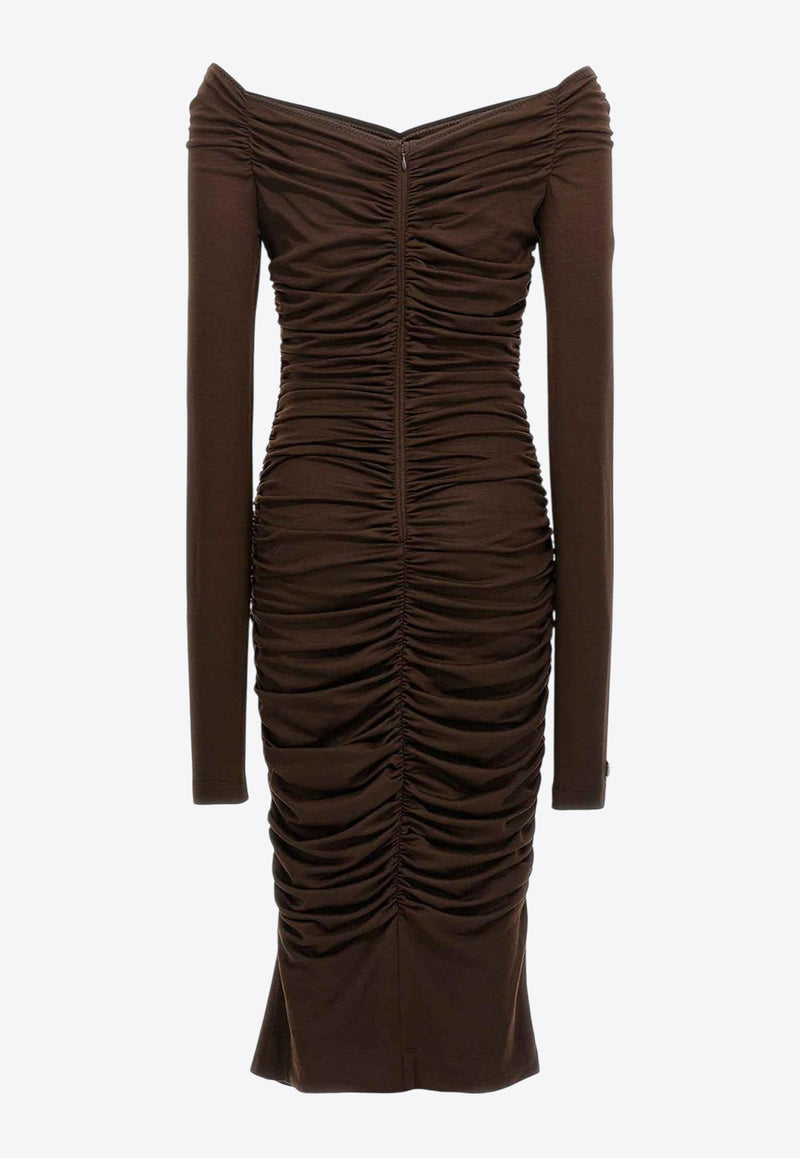 Dolce & Gabbana Off-Shoulder Midi Ruched Dress Brown F6COMT FUGRH M1512